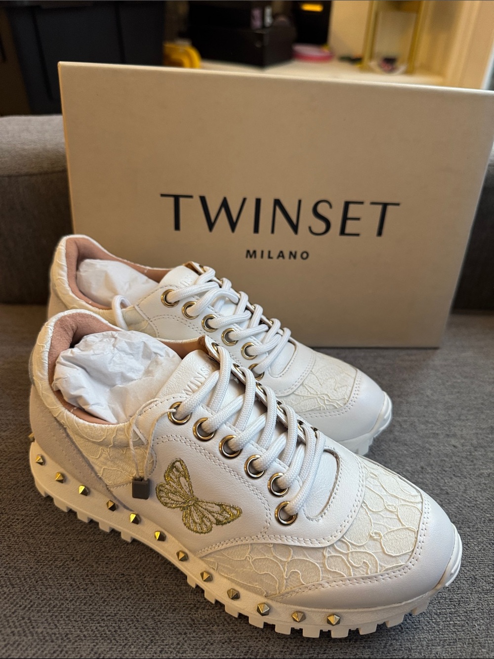 White Lace Butterfly Studded Women’s Sneakers